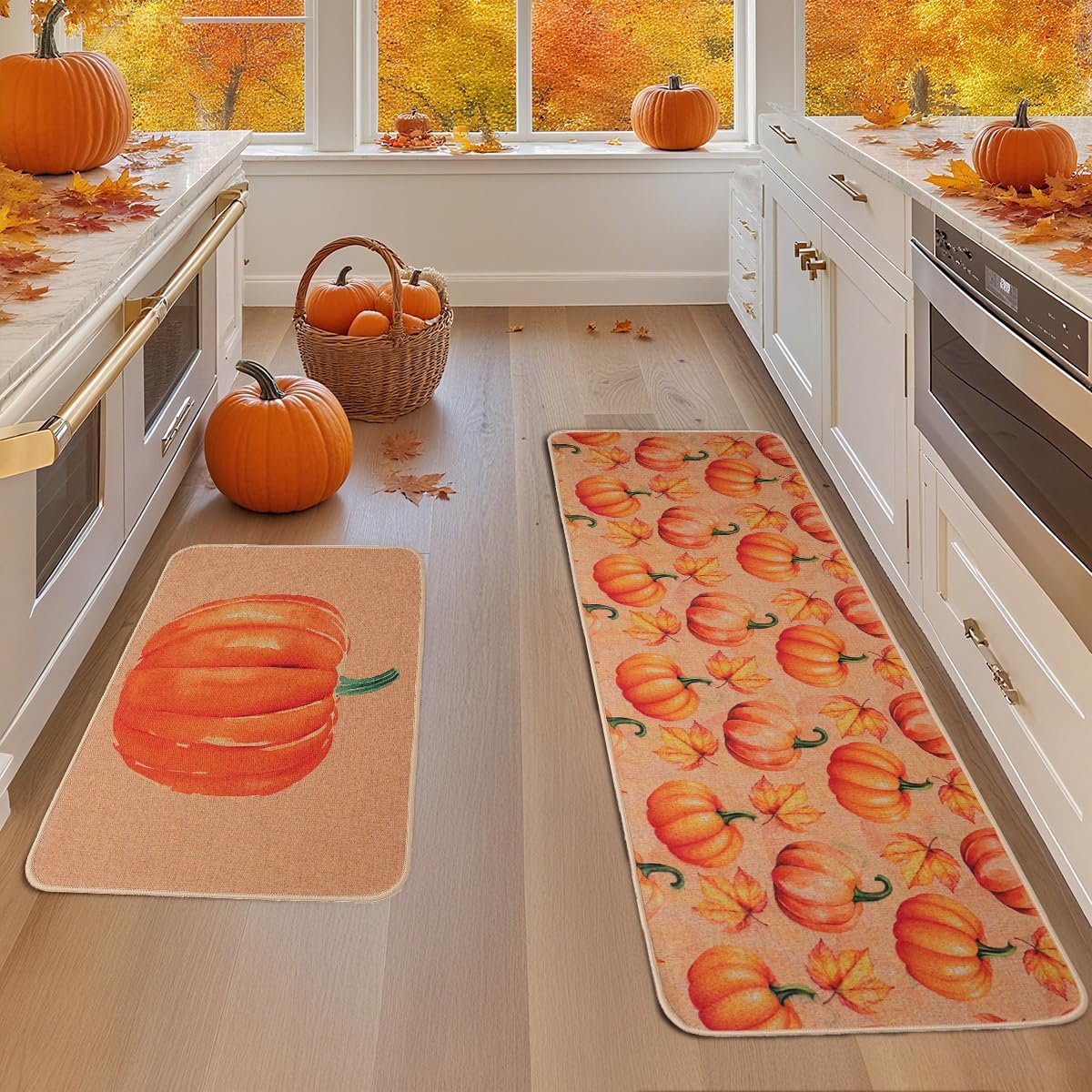 Larponder Fall Pumpkin Leaves Kitchen Mats Set of 2, Non-Slip Absorbent Rug and Door Mats, Home Decor Kitchen Floor Rugs for Autumn Harvest Thanksgiving Holiday - 17x24 and 17x48 Inch
