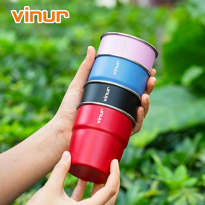 VINUR Kids Stainless Steel Cups-8 oz Stackable Tumbler Metal Drinking Glasses for Travel, Camping, Outdoors, 4 Pack (Royal Blue-Canyon Red-Black-Purple Pink)