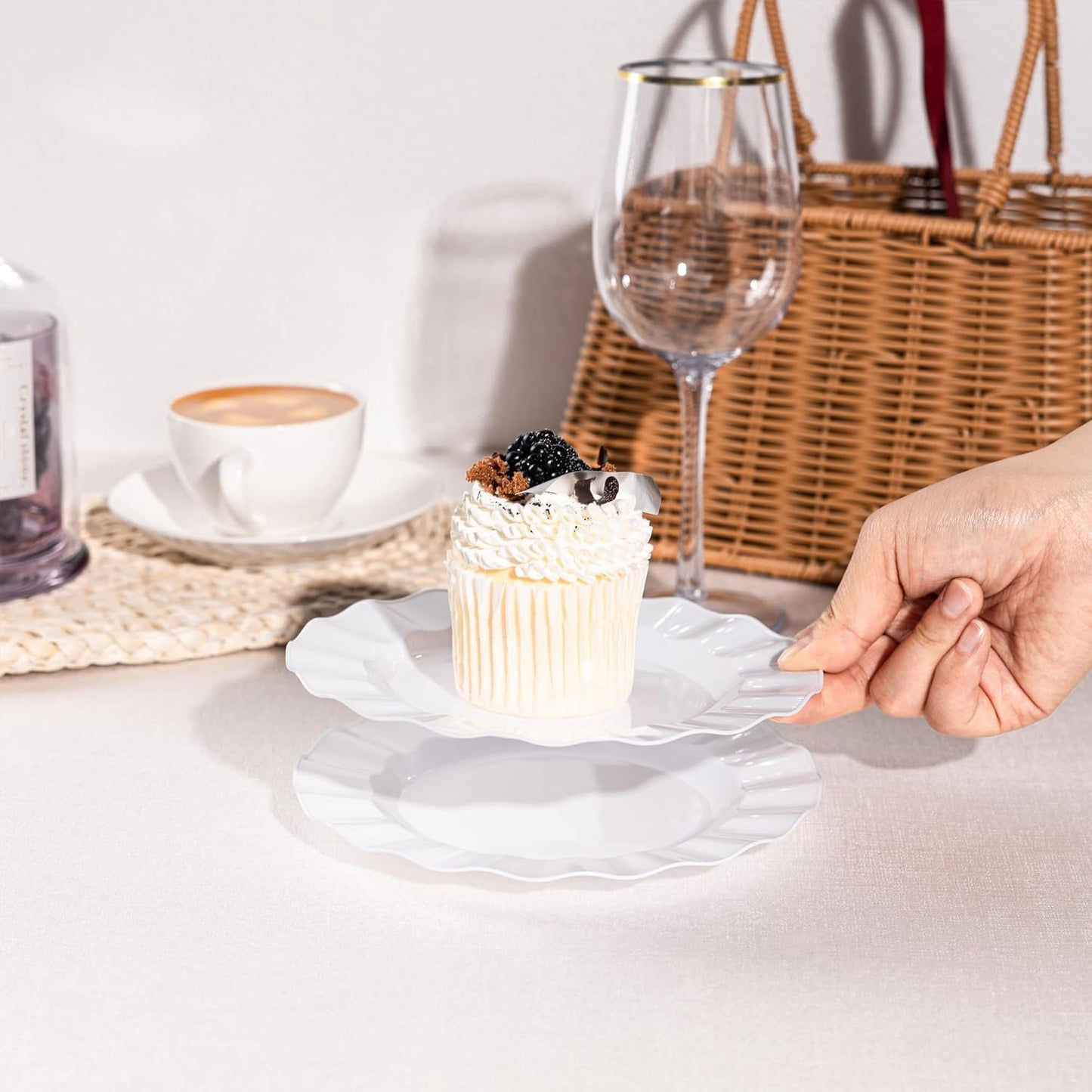 72 Pack White Plastic Plates, 7" Disposable Wave Salad/Dessert Plates Elegant Heavy Duty Plate for Party, Wedding, Thanksgiving, Christmas