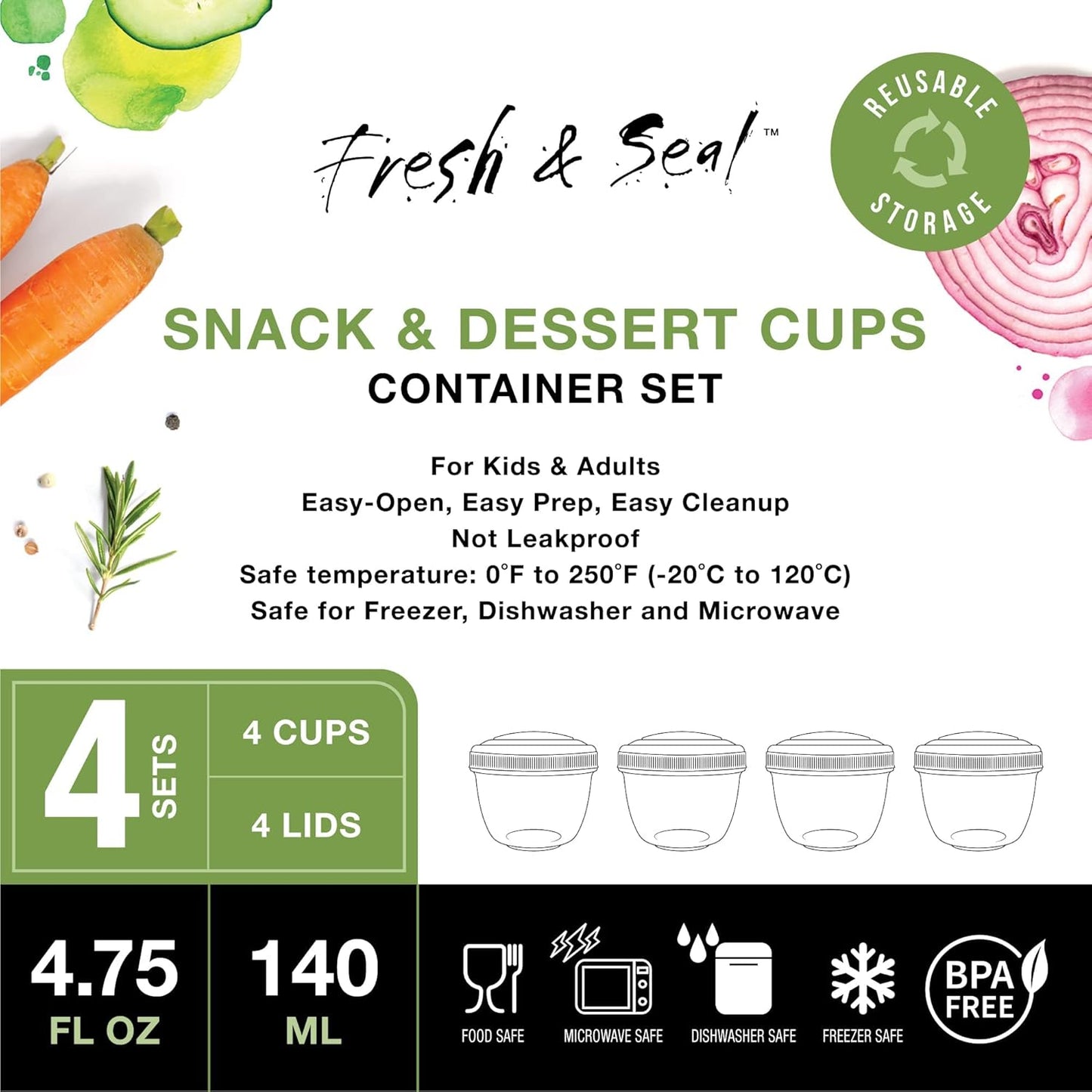 Snack Containers (4 Set) - 4.75 Oz Small Food Storage Cups with Lids - Fruit, Nuts, Sauce, Condiments & Salad Container for Lunch Box - Reusable Dessert Cups, Microwave & Freezer Friendly, BPA-free