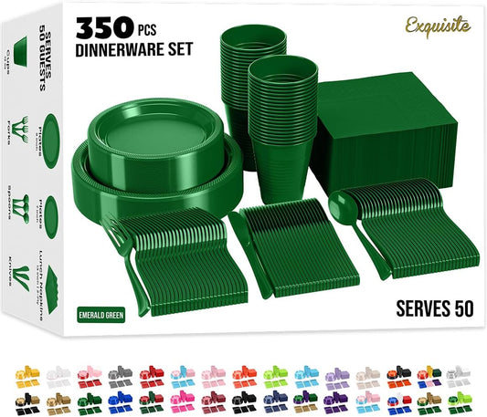 Party Solids 350 Pieces Emerald Green Plastic Plates For Party, Emerald Green Disposable Plates Set, 50 Of Each 9" Dinner Plate Set, 7" Dessert Plate, Cups, Napkins & Cutlery Plastic Dinnerware
