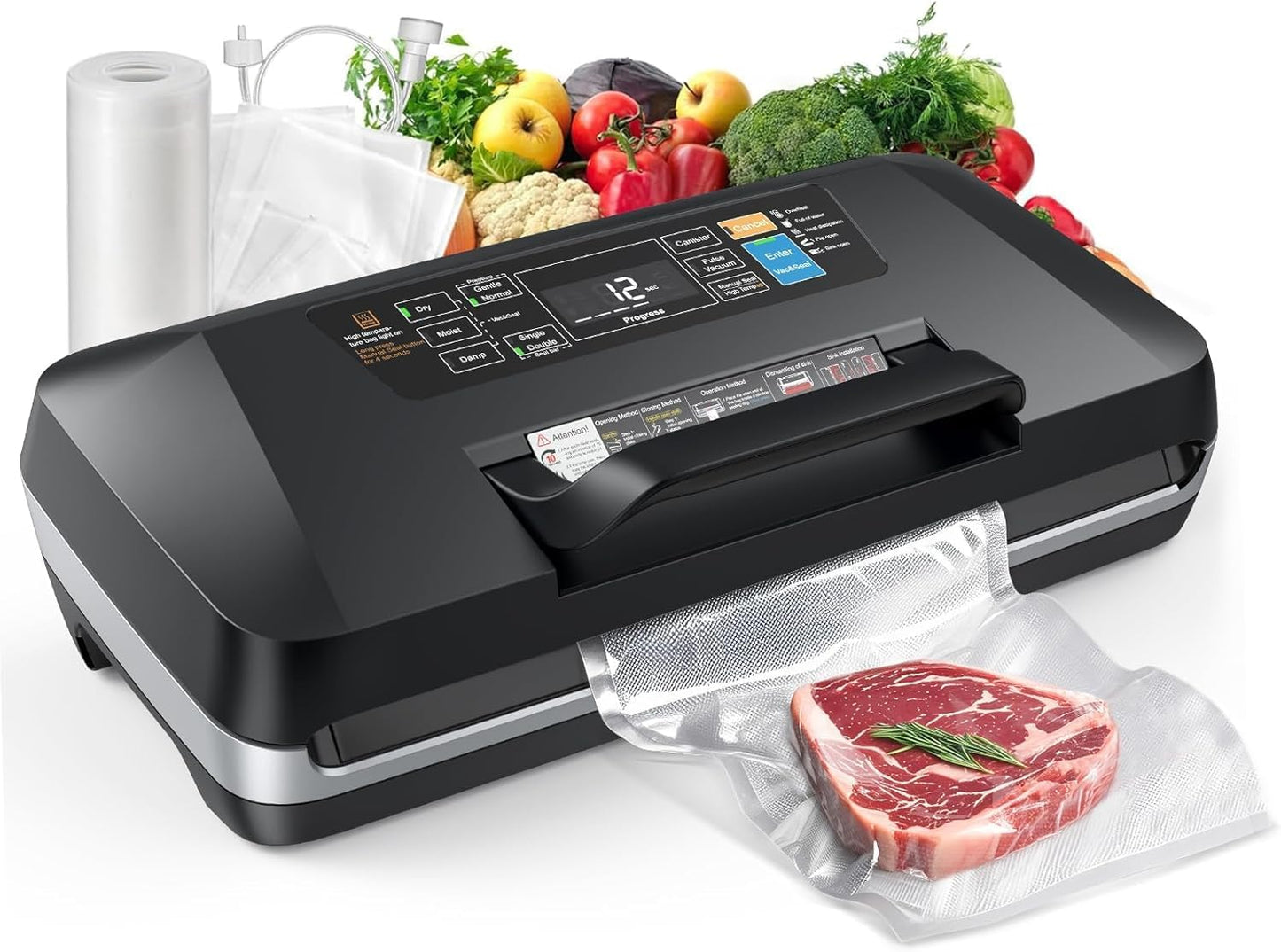 95kpa Vacuum Sealer, Commercial Fully Automatic Food Sealer, Powerful Sealing System, Double Heat Seal, Built-in Cutter and Bag Storage, 1 Roll Bag and 10 Precut Bags