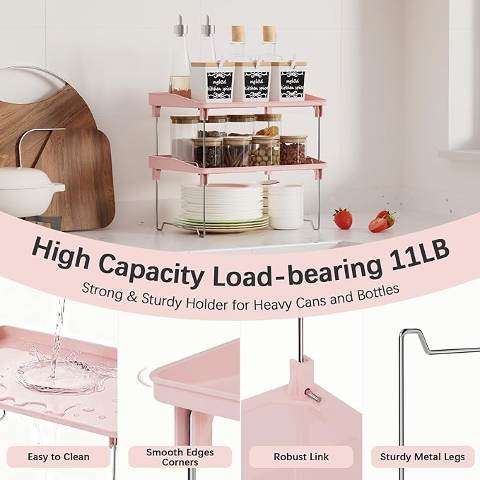 2 Pcs Cabinet Organizer Shelf，Stackable Kitchen Counter Shelves, Spice Rack,Countertop Organizers，Pink Plastic Storage Shelves Rack for Makeup，Bathroom, Cupboard，Desk，Pantry Organization