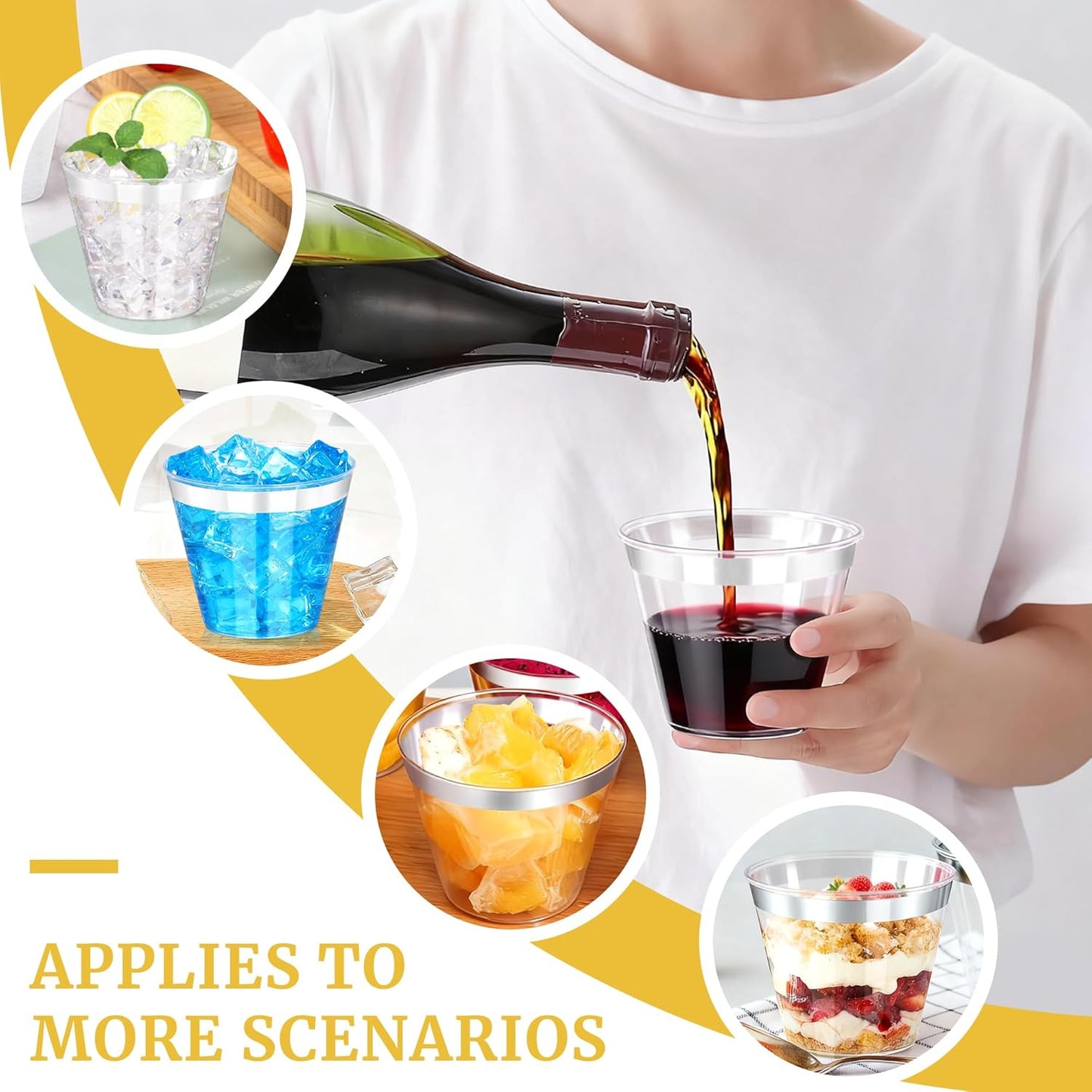 50 Pcs Silver Plastic Cups,9Oz Silver Rimmed Plastic Cups,Heavy Duty Clear Disposable Plasitc Cocktail Tumblers Wine Cup for Party,Wedding,Birthday,Christmas