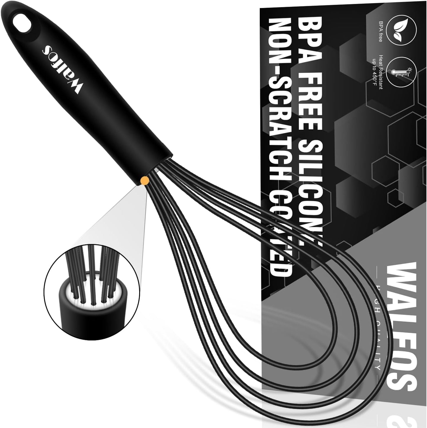 Walfos Silicone Flat Whisk,11inch Flat Whisk Non Scratch Coated Flat Whisks for Cooking.Great for Ceramic Coated pans and Wider shallower pots.Black