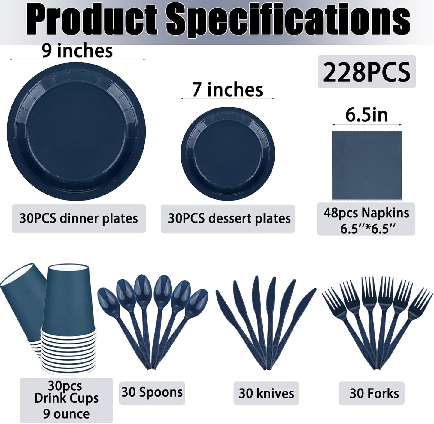 TWOWYHI 228PCS Navy Blue Party Supplies Set Include Paper Plates Cups Paper Napkins Plastic Spoons Forks Knives for 30 Guests Disposable Party Dinnerware for Birthday Wedding Family Picnic