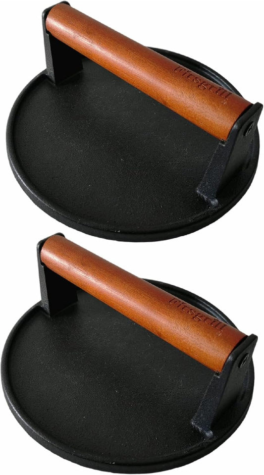 Firsgrill 2-Pack Burger Press 7.08" Round,Heavy-Duty Cast Iron Smash Burger Press Meat Steak with Wood Handle for Blackstone Camp Chef Pitboss Weber Griddle Grills (2 Round)
