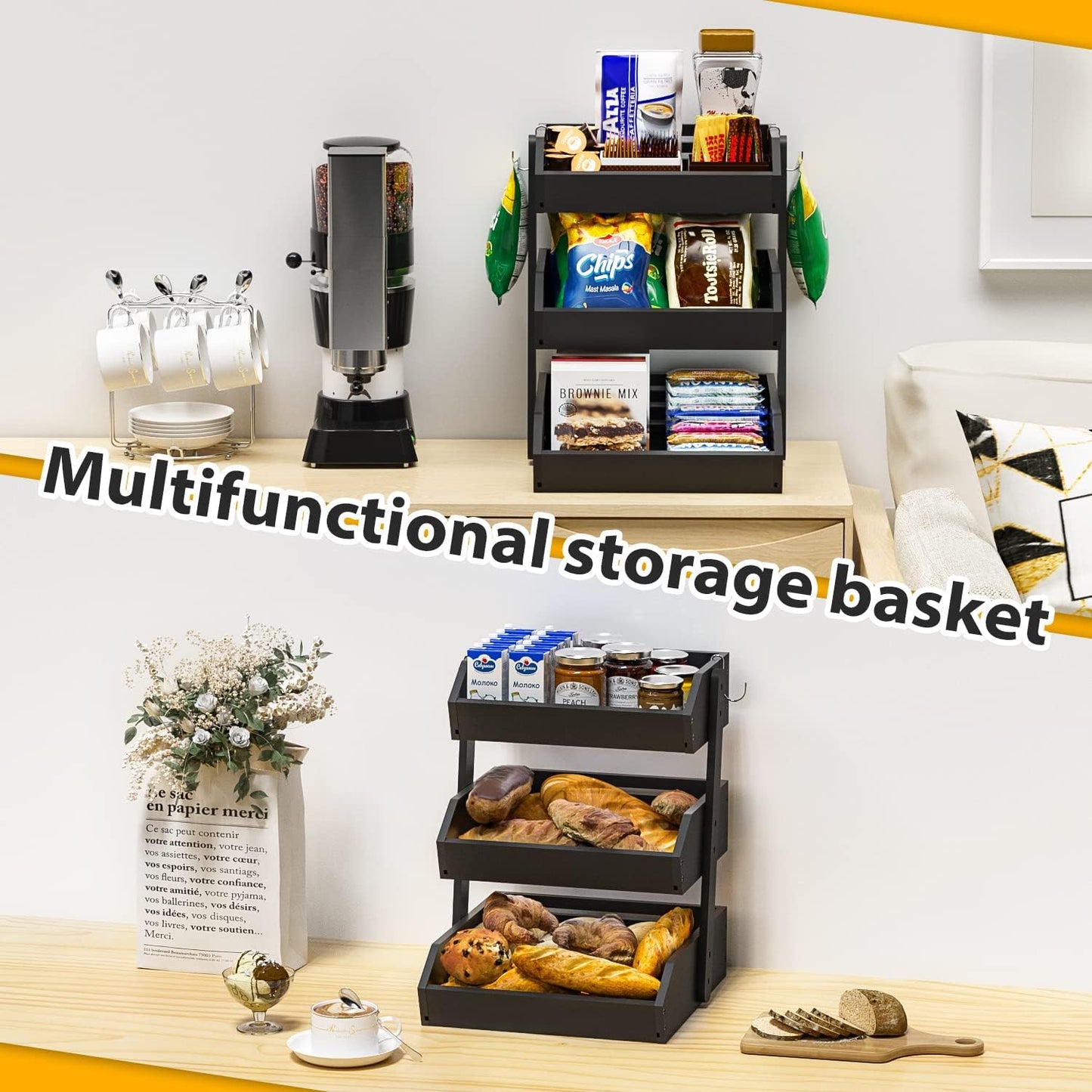 Bamboo Fruit Basket for Kitchen – 3 Tier Fruit Bowl For Kitchen Counter, Large Fruit Holder With 2 Banana Hangers, Idea For Fruit and Vegetable Storage, Bread Basket, Snack Organizer(BLACK)