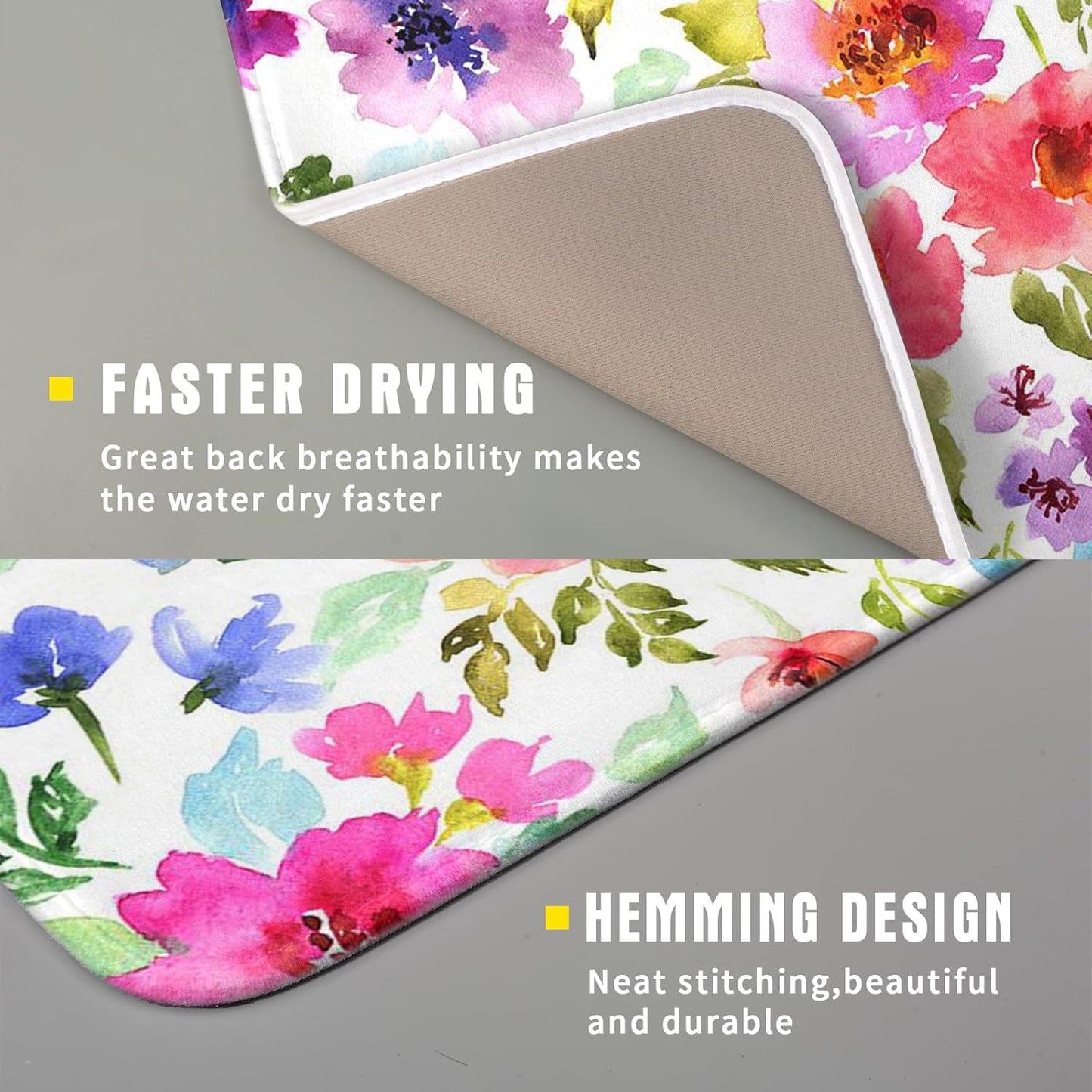 Floral Dish Drying Mats for Kitchen Counter 16×18 Inch Drying Mat for Dishes Microfiber Dish Rack Mat Kitchen Decor Watercolor Flowers Drainer Pad Washable Foldable Ultra Absorbent Dry Mat