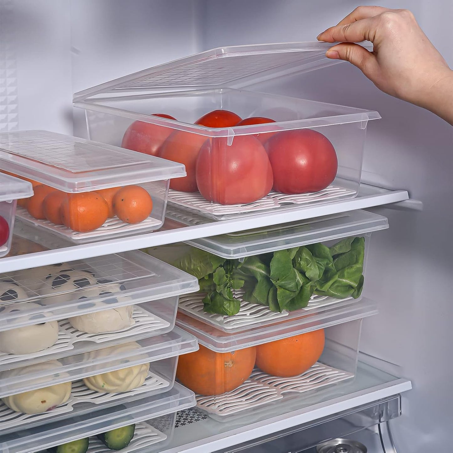 Food Storage Container, Plastic Food Containers with Removable Drain Plate and Lid, Stackable Portable Freezer Storage Containers - Tray to Keep Fruits, Vegetables, Meat (X-Large(4PCS))