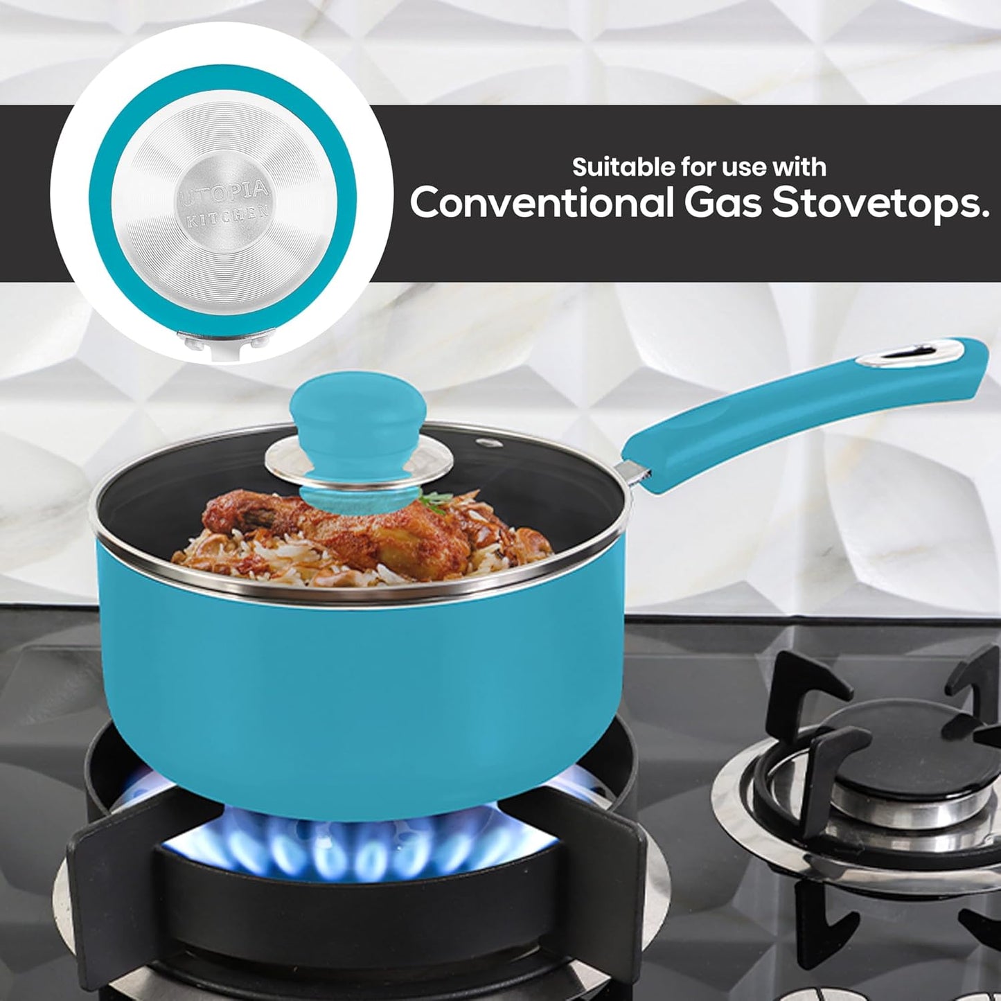 Utopia Kitchen Nonstick Stock Pot Saucepan Set with Lids, 1 Quart and 2 Quarts Multipurpose Stock Pots Set for Home, Kitchen or Restaurant, Turquoise & Black