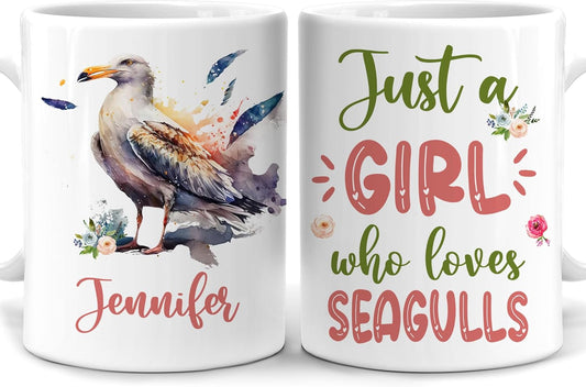 Hyturtle Personalized Gifts Seagull Lover - Just A Girl Who Loves Seagulls Custom Name Ceramic Coffee Mug Cup 11oz - Idea Cute Animal Lover Gifts For Women, Girl On Birthday, Christmas