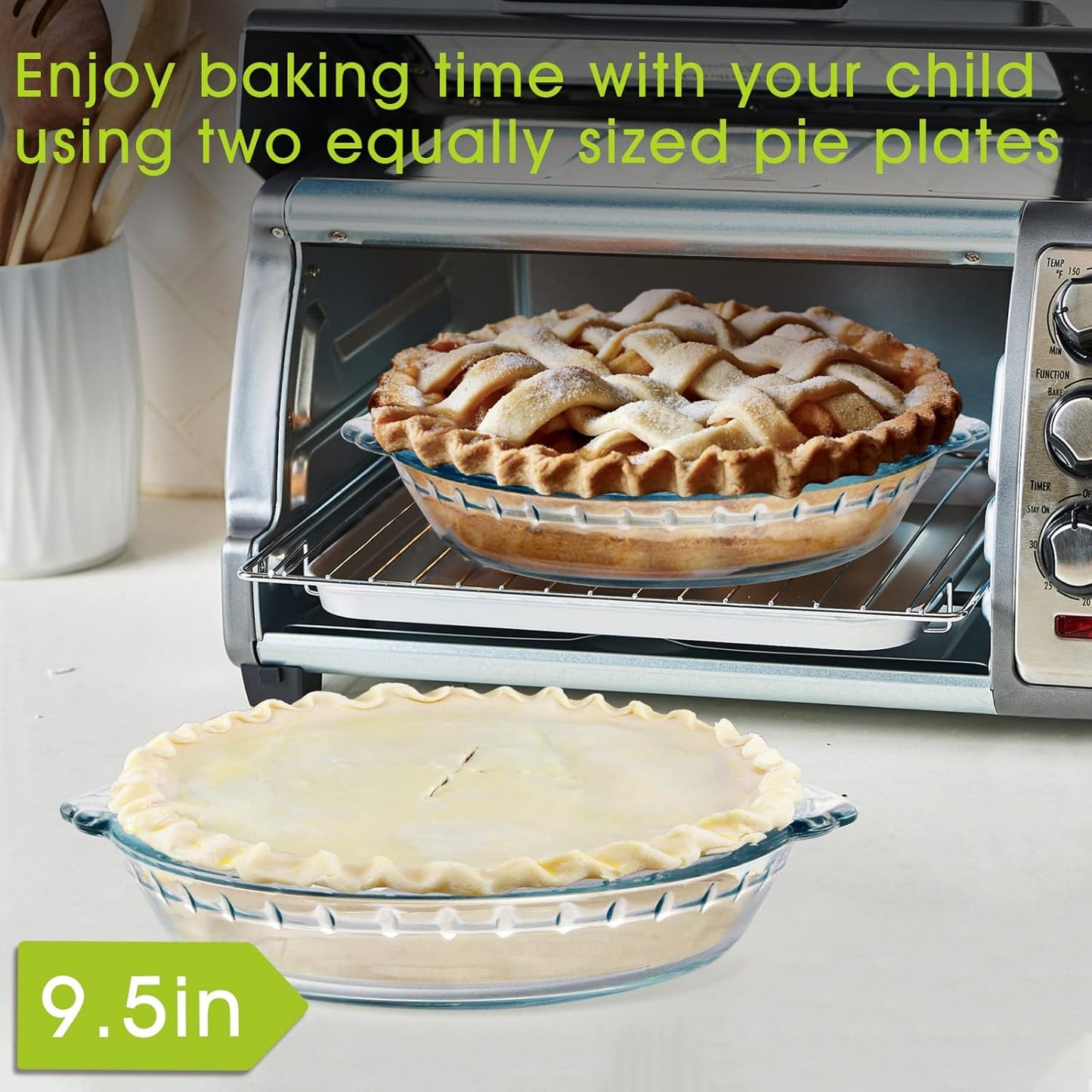 ZYER Glass Pie Plate for Baking Pie Pan with Handles 47oz Glass Pie Dish for Baking, 9.5 Inch 2 Pack