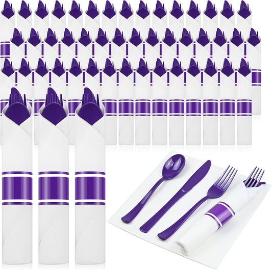 100 Pack Pre Rolled Purple Plastic Silverware with Napkins - Disposable Cutlery Set with Forks, Knives, Spoons & Linen-Like Dinner Napkins, Wrapped Plastic Utensils for Weddings, Parties & Events