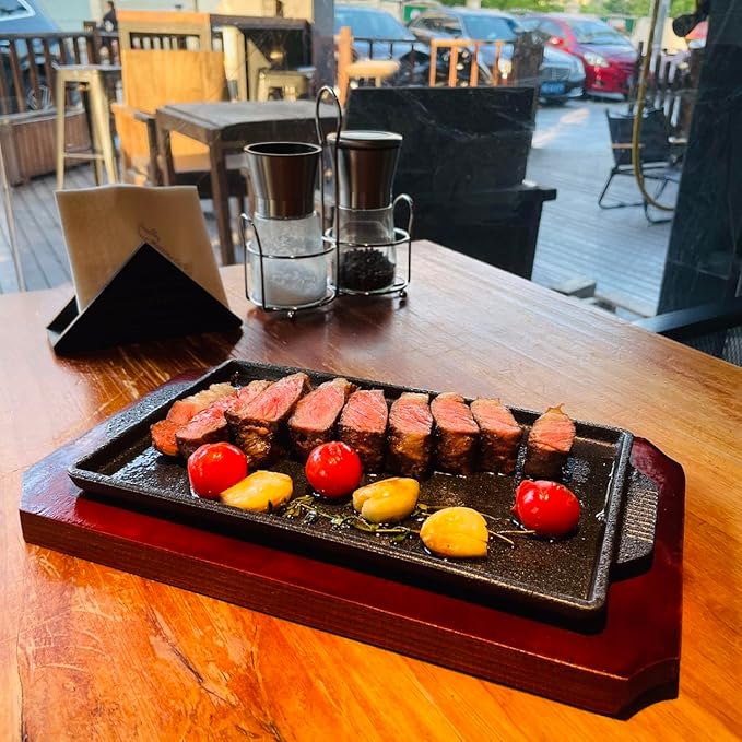 Cast Iron Steak Plate, Grill Pans, Sizzle Griddle with Wooden Base, Steak Pan, Griddle Grill Pan with handles (Plate with Base 7.5" x 4.8")