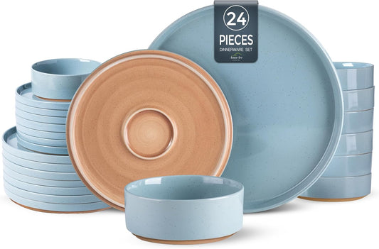 AmorArc Ceramic Dinnerware Set for 8 | Speckled Stoneware Plates and Bowls with Rustic Terracotta Underside| Scratch Resistant,Dishwasher & Microwave Safe Dishes Sets- 24pcs Blue