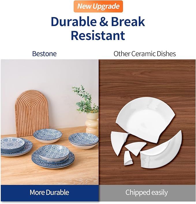 Bestone Porcelain Dinnerware Sets Service for 4, 12 pcs Hand drawn Plates and Bowls Sets, Handmade Ceramic Dish Set, Chip Resistant Modern Plate Set, Dishwasher/Microwave Safe，Vintage Blue