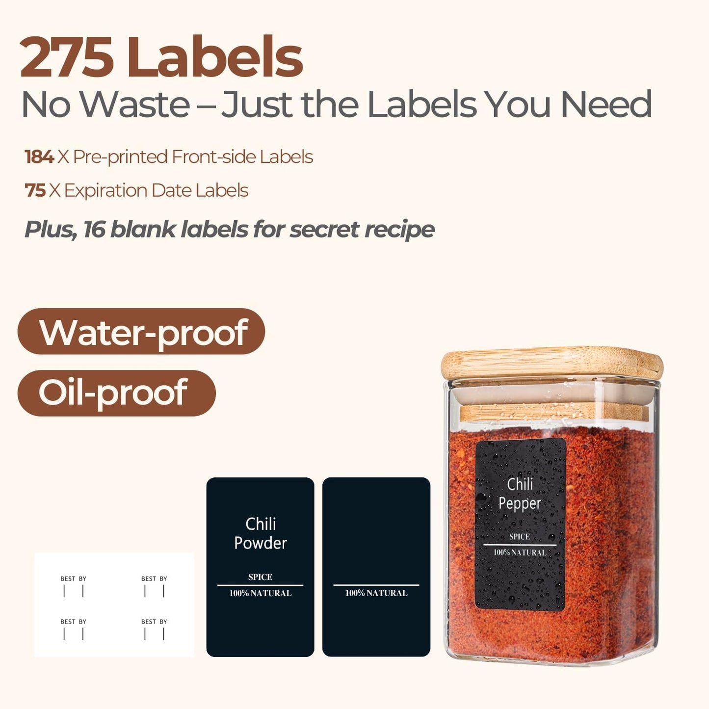 ComSaf Spice Jars with Labels 8 oz 16Pack, Small Spice Containers Starter Set, Glass Seasoning Jars with Lids, Square Seasoning Containers for Salt, Pepper, Chili Powder, Sugar, Loose Tea Storage