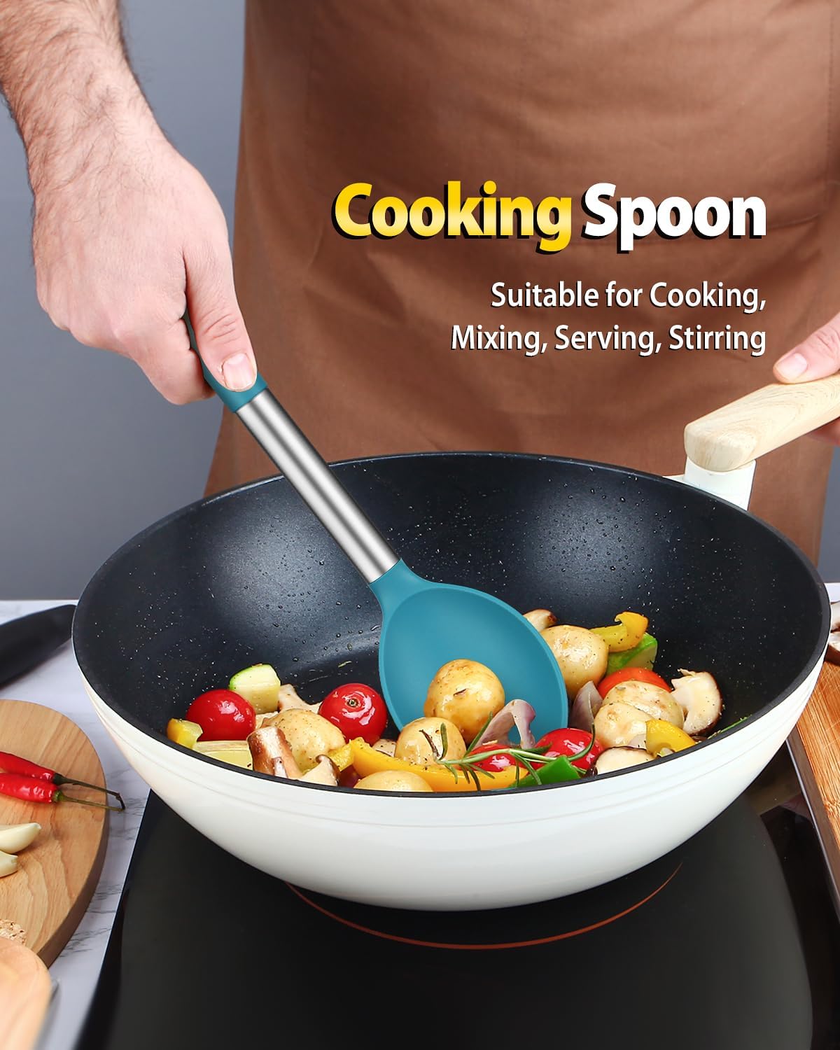 Silicone Pasta Fork and Cooking Spoon Set, Non Stick Kitchen Utensils for Cooking,Stirring,Serving Spaghetti, Soup, Sauce (BLUE)