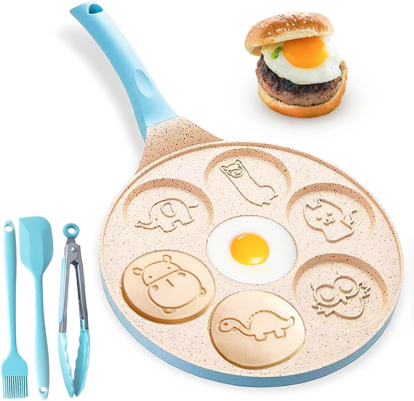 Nonstick Pan, Egg Waffle Maker Breakfast Silver Dollar Pancake, Griddle, Crepe Maker 7 Animal Molds for Kids Omelette Skillet