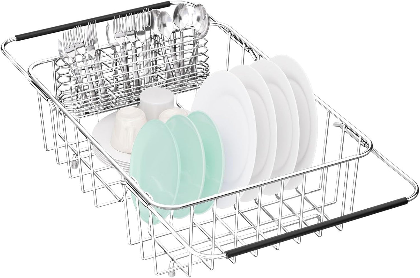 Large Dish Drainer Rack in Sink Adjustable, Expandable 304 Stainless Steel Metal Dish Drying Rack Organizer with Stainless Steel Utensil Holder Over Inside Sink Counter, Rustproof