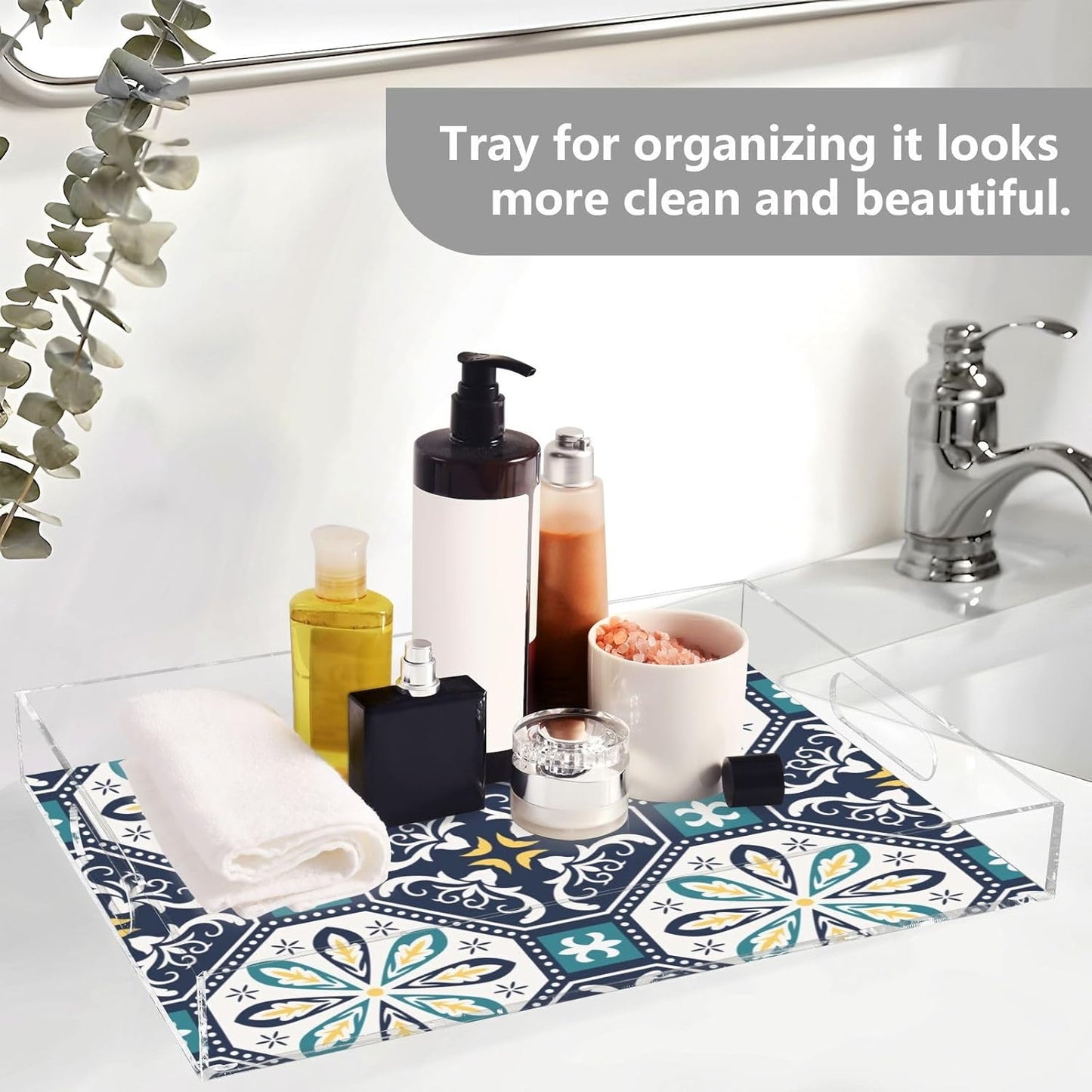 Acrylic Serving Tray with Handles Spill Proof Kitchen Storage Tray Clear Decorative Tray Makeup Drawer Organizer Storage Tray for Bathroom Living Room Ottoman 15.7x11.8Inches