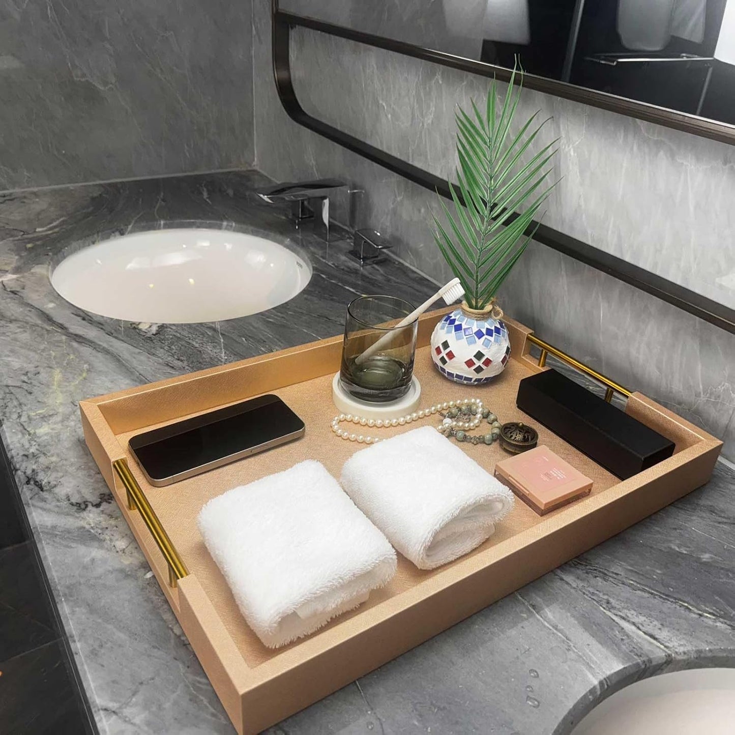 14x20 Inches Champagne Faux Leather Wrapped Wood Serving Tray with Metal Handles for Various Occasions, Ottoman, Home Decorative, Living Room, Coffee Table Organizer, Serving Breakfast On Bed