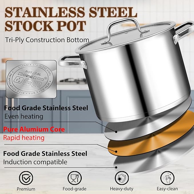 Rorence 8 Quart Stainless Steel Stockpot,Tri-Ply Base Large Pot for Cooking with Lid for Soup, Pasta, Vegetable, Induction Cooking Pot for All Stoves, Oven & Dishwasher Safe