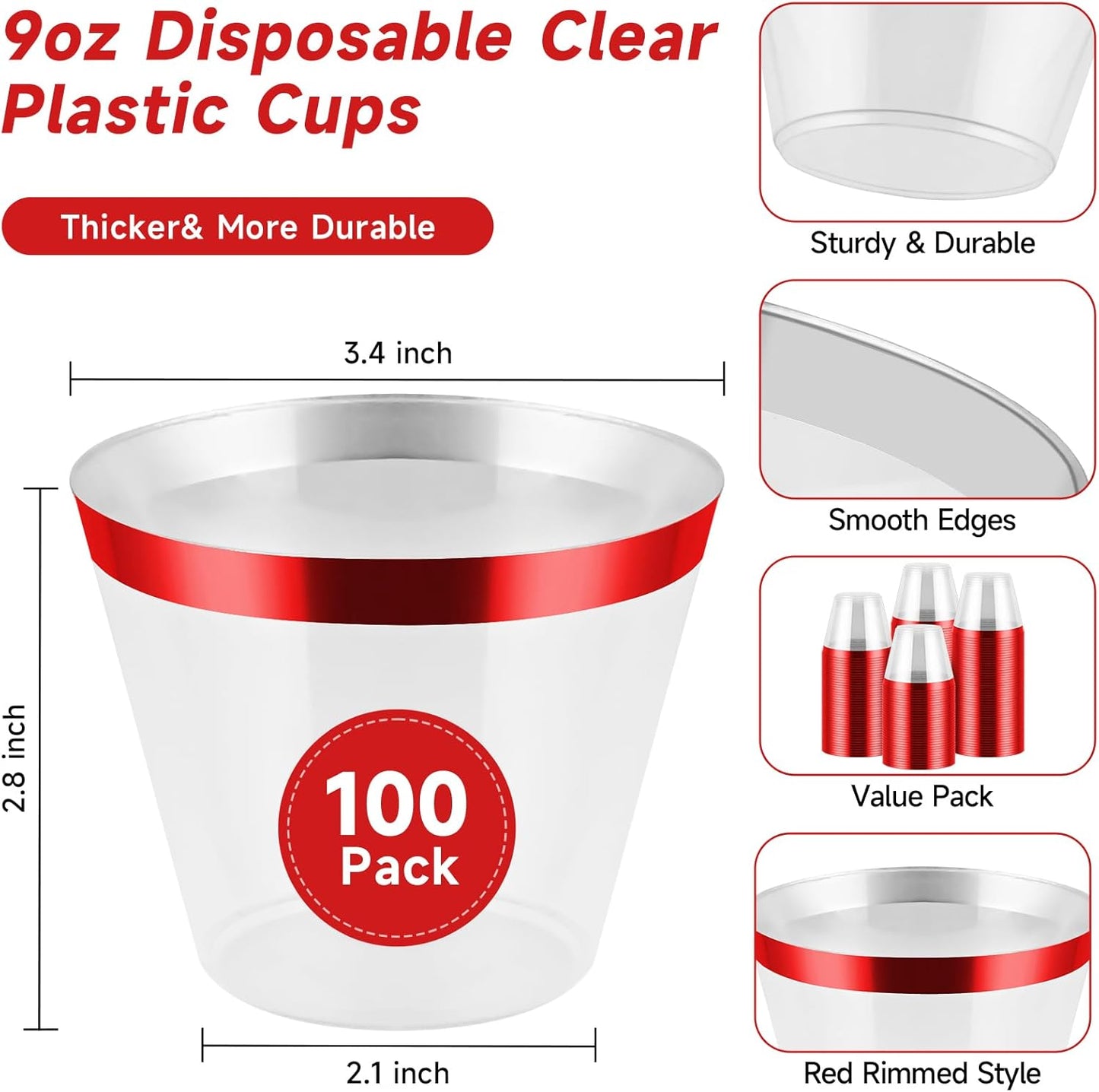 100pcs Red and Clear Plastic Cups, 9oz Plastic Cups Red Rimmed Disposable Cocktail Glasses Fancy Disposable Cup Drinking Tumblers Shot Cup for Wedding Party