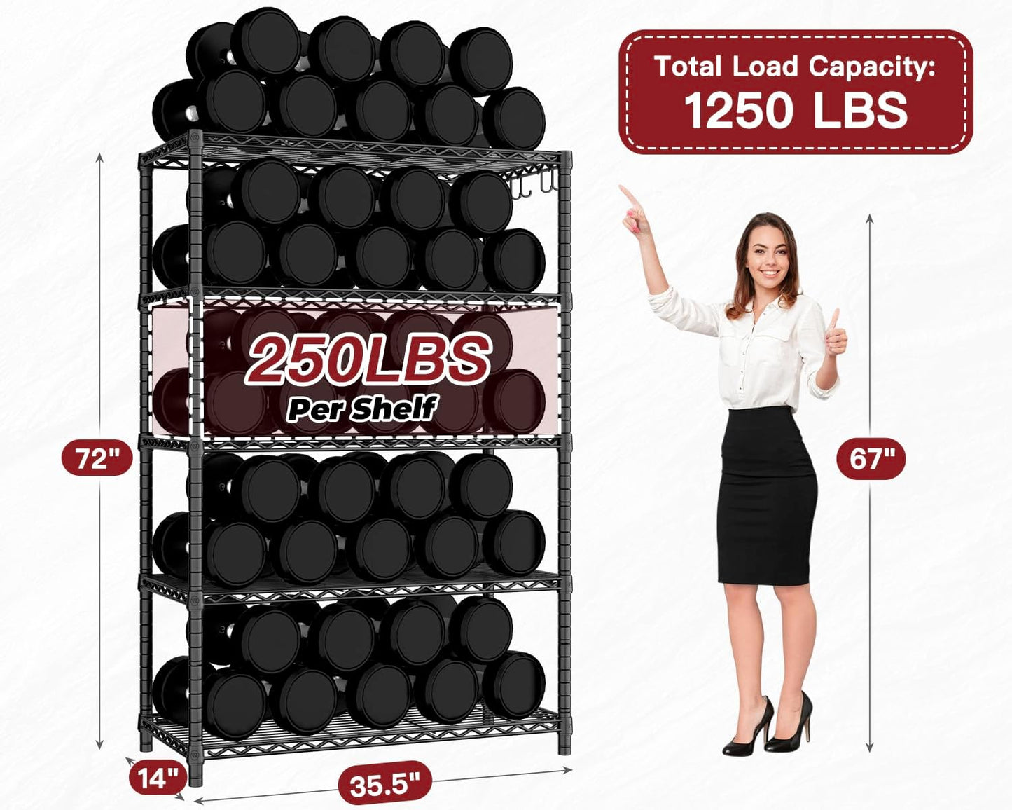 PrimeZone Wire Metal Storage Shelves - 5 Tier Adjustable NSF Certified Heavy Duty Garage Shelving Unit Organizer Rack, Steel Utility Shelf for Kitchen, Pantry, 35.5" W x 14" D x 72" H, Black, 3 Packs