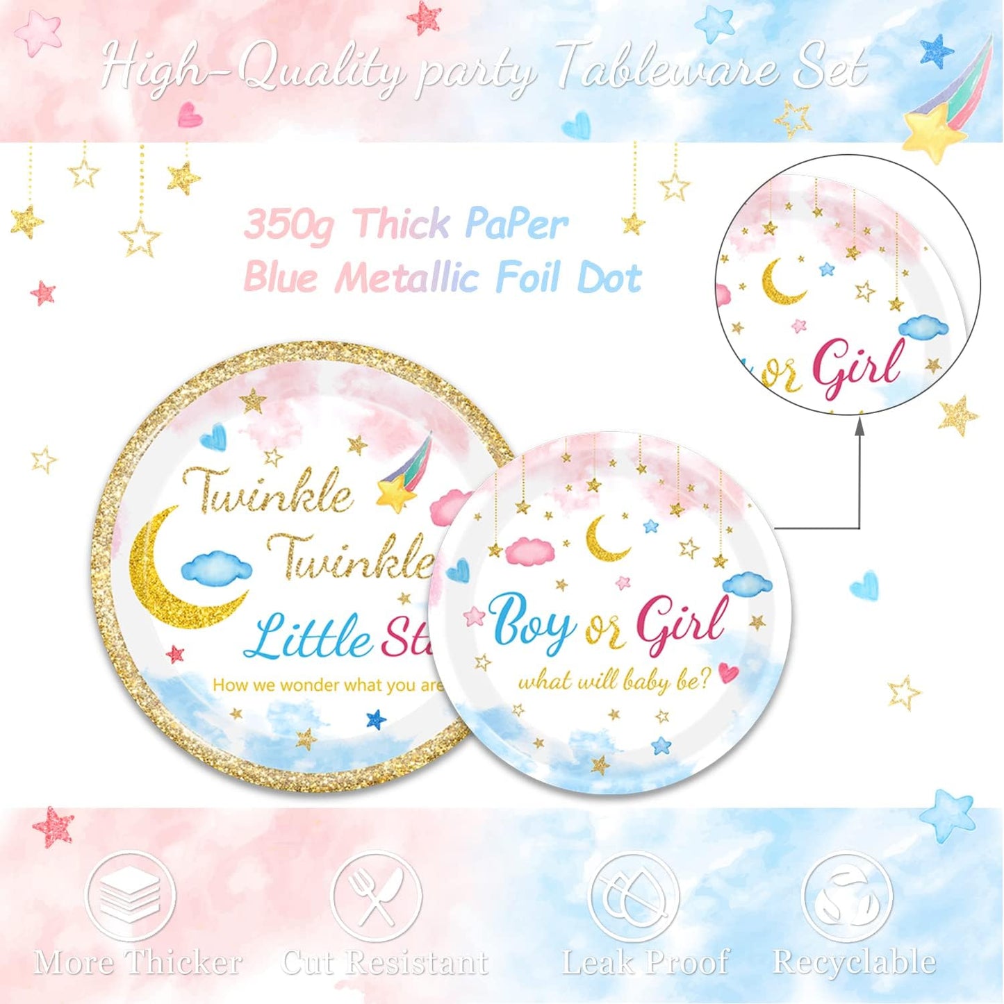96Pcs Twinkle Twinkle Little Star Gender Reveal Party Supplies Tableware Set little Star Baby Shower Plates Napkins Forks Dinnerware for Baby Shower Decorations Girls or Boys Theme Party, 24 Guests
