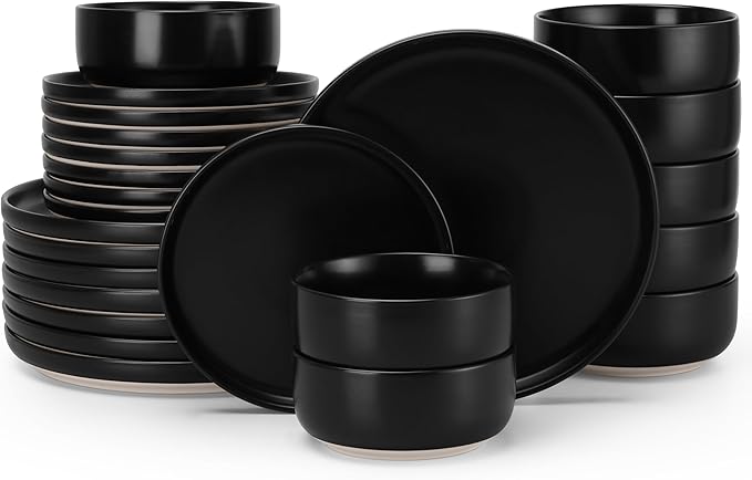 HaWare Stoneware Dinnerware Sets, 24-Piece Plates and Bowls Set for 8, Dishes Set for Home Restaurant, Frosting Black