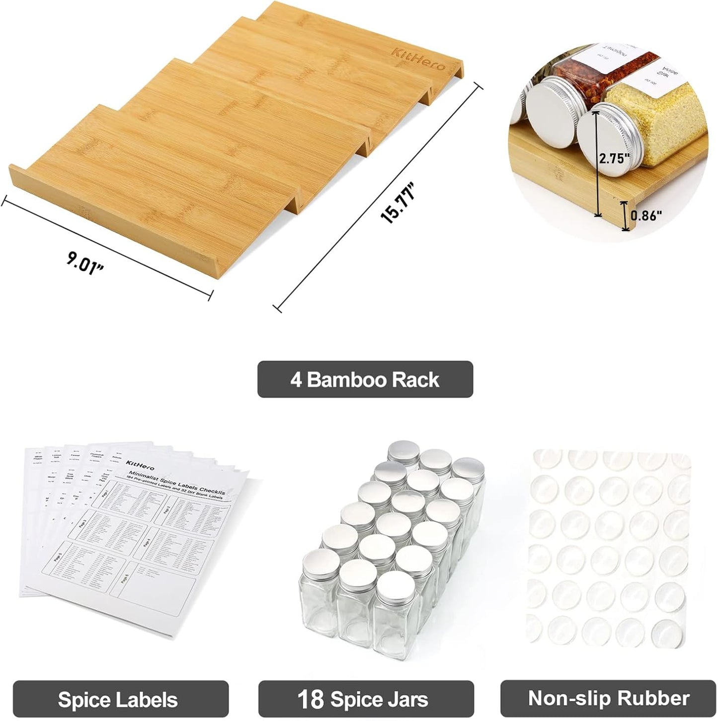 Spice Drawer Organizer with 18 Spice Jars,216 Labels,50 Non-slip Rubber, Bamboo 4 Tier Seasoning Rack Tray Insert for Kitchen Drawers,Cabinets,Countertop,9" Wide x 15.8" Deep