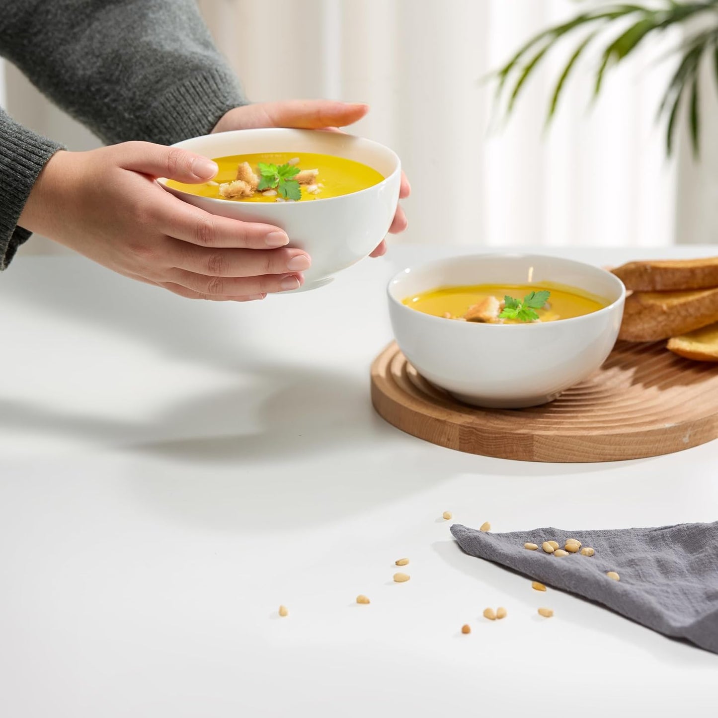 KooK Ceramic Soup Bowls, Cereal Bowl, Microwave, Dishwasher and Freezer Safe, Porcelain Dishes for Pasta, Salad, Oatmeal, Deep Interior, 20 oz, Set of 4, Marshmallow White