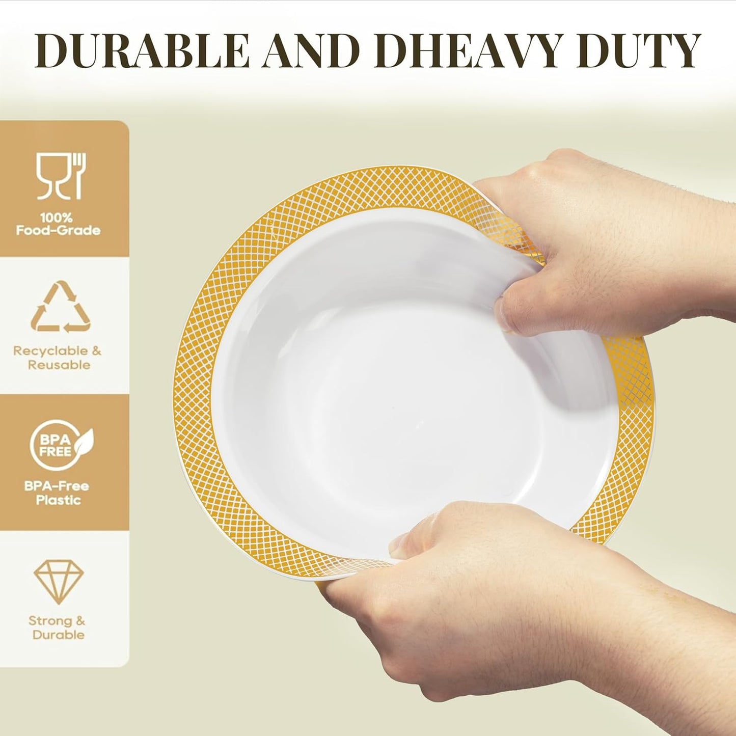 I00000 100 Gold Plastic Bowls, 12 oz White Disposable Bowls,Fancy Plastic Salad Bowl,Premium Heavy Duty Disposable Soup Bowl for Parties,Weddings,Dinners, Catering, Picnics