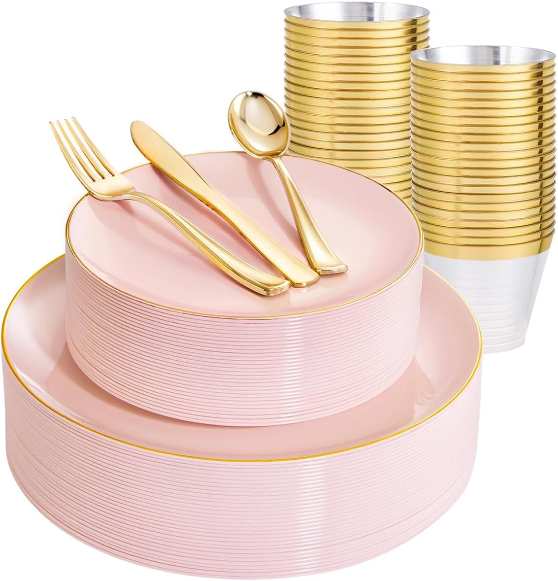 WDF 150Pcs Pink Plates Disposable - Pink and Gold Plastic Plates 25guest Disposable Dinnerware Include 25 Dinner Plate, 25 Dessert Plate, 25 Cutlery & 25 9oz Cups for Wedding & Party