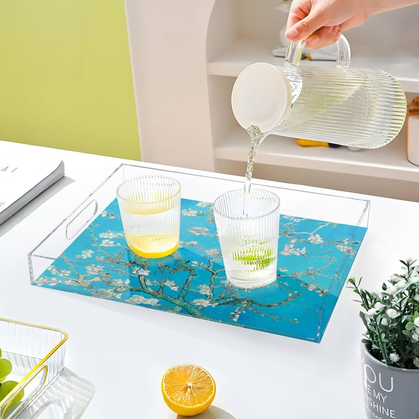 Acrylic Serving Tray with Handles Spill Proof Kitchen Storage Tray Clear Decorative Tray Makeup Drawer Organizer Storage Tray for Bathroom Living Room Ottoman 15.7x11.8Inches