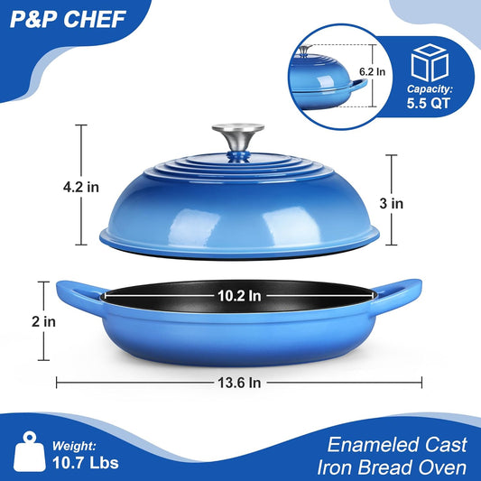 P&P CHEF Bread Dutch Oven for Sourdough, 5.5 Quart Enameled Cast Iron Dutch Oven Pot with Lid for Homemade Bread Baking, Easy to Clean & Even Heat, Blue