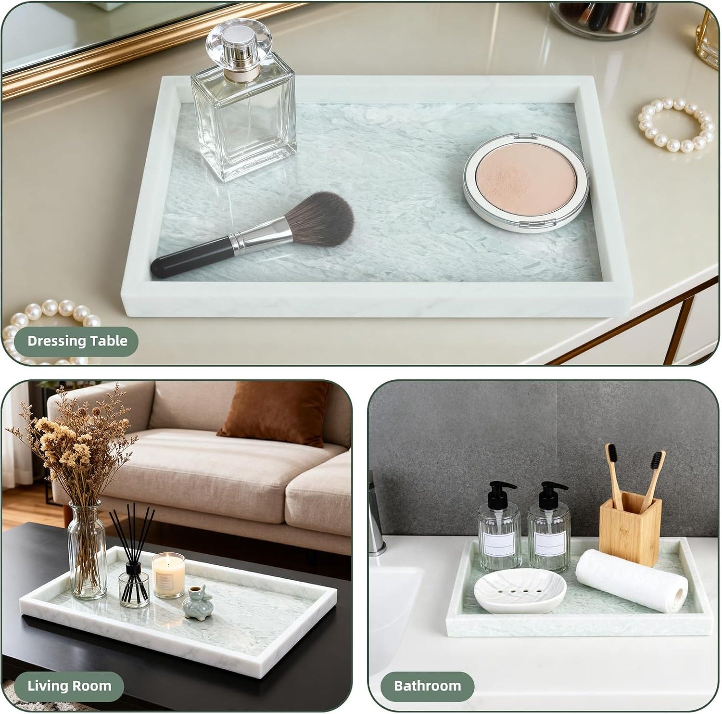 Yew & Tulip Natural Marble Vanity Tray, Luxury Stone with Light Green Textures Serving Tray for Bathroom, Kitchen, Vanity, Home Decor, Wedding etc. (12" x 8" x 1.2")