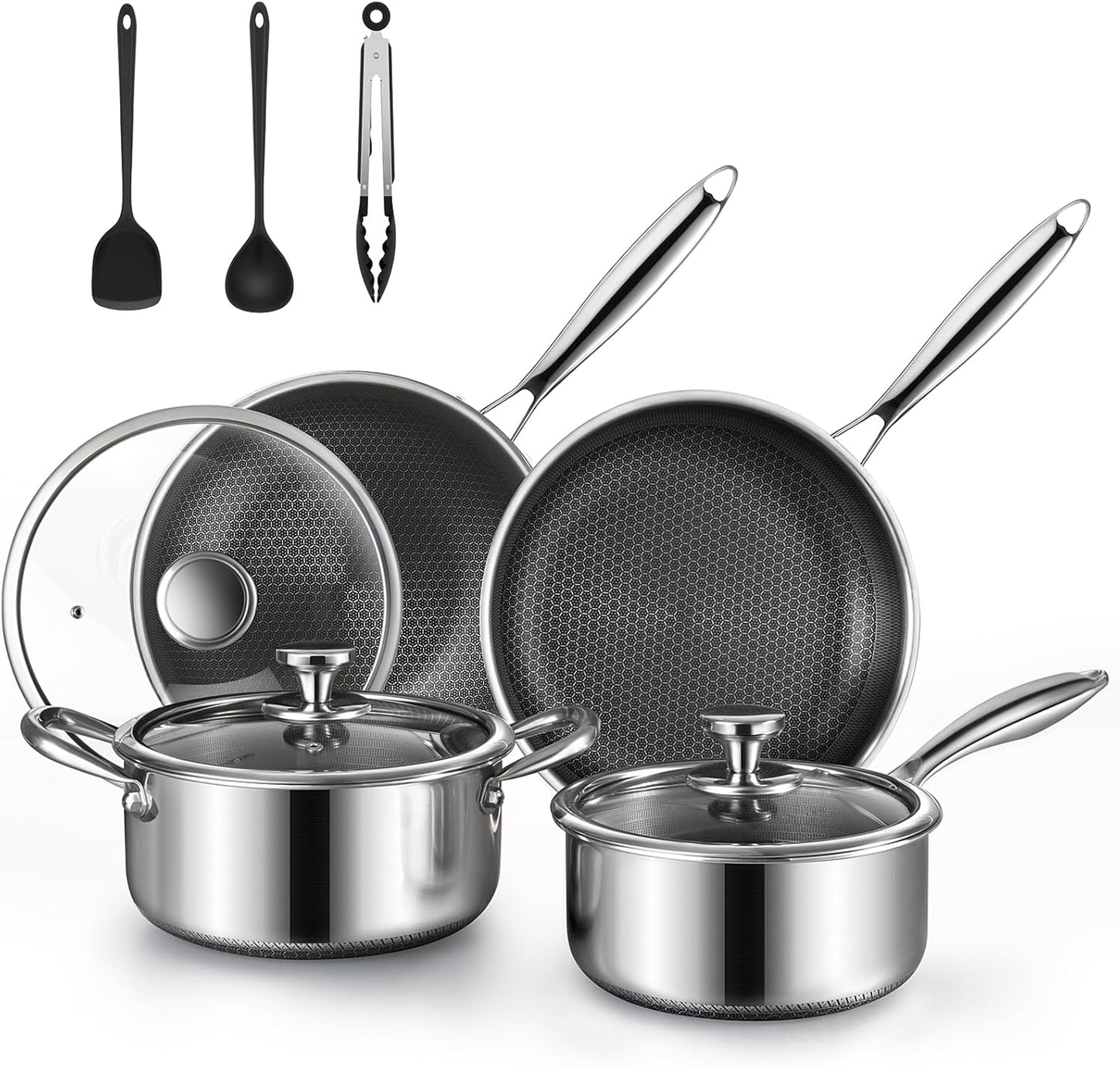 Non Stick Pots and Pan Set, 10 Pcs Hybrid Stainless Steel Cookware Set with Lids, Kitchen Skillet, Stock Pot, Nonstick Frying Pan, PFOA-free Kitchen Cooking Utensils,Induction,Dishwasher Safe