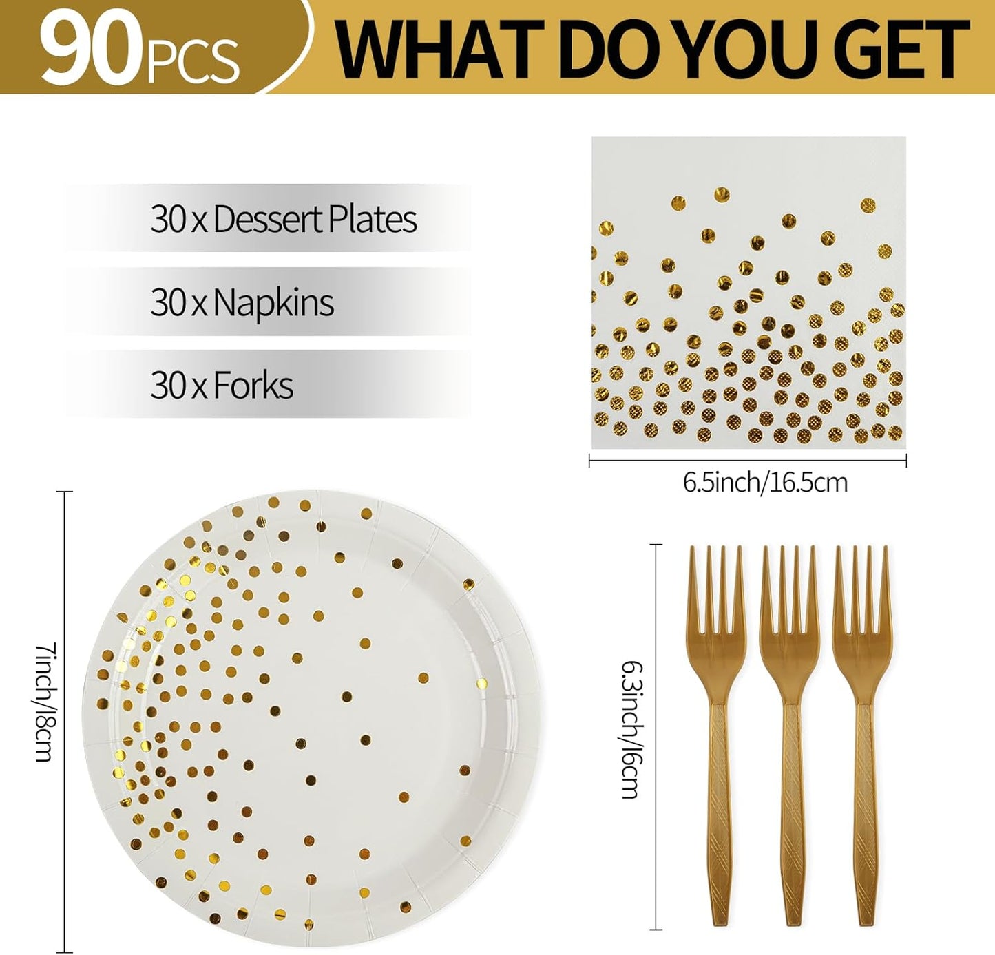 90PCS White and Gold Paper Plates and Napkins Set, Disposable Gold Dot Party Plates with Napkins Forks Dessert Dinnerware Party Supplies for Wedding, Graduation, Festivals