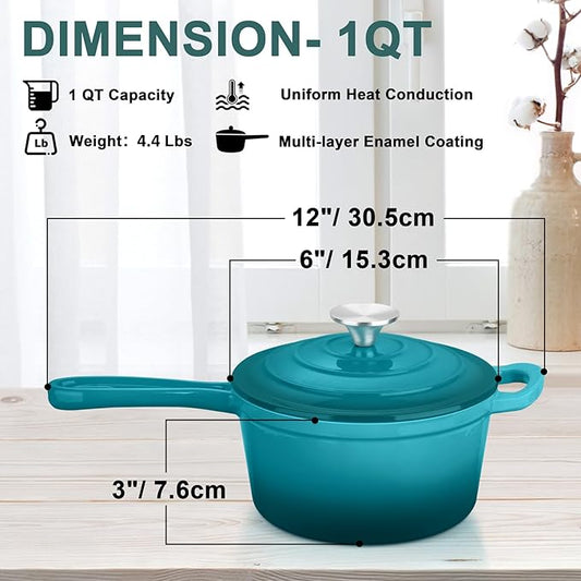 Enameled Cast Iron Sauce Pan with Lid, Leonyo 1 Quart Saucepan with Lid, Enamel Cast Iron Pot Dutch Oven Kitchen Cookware for All Cooktops Cooking Pasta, Soup, Milk - Up to 500°F & 4.4Lbs, Lake Green
