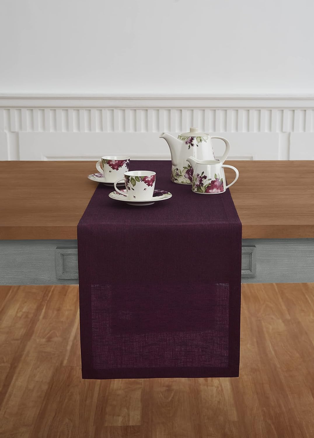 Solino Home Linen Chambray Burgundy Table Runner 132 Inches Long - Athena, 100% Pure Linen 14 x 132 Inch Table Runner for Fall, Autumn, Thanksgiving