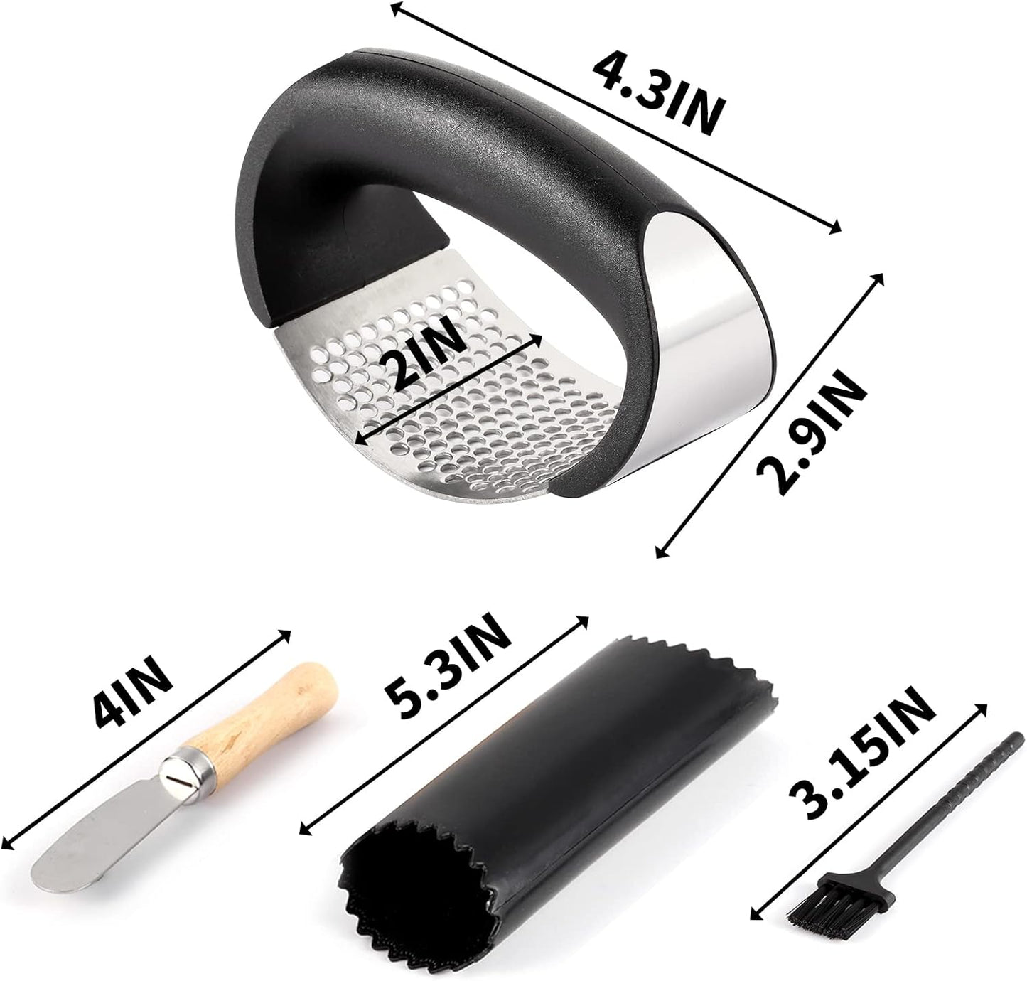 2 Pack Garlic Press Rocker, Stainless Steel Garlic Mincer with 2 Peelers, 2 Scrapers and 2 Brushes | Garlic Crusher Garlic Chopper for Smashing Garlic