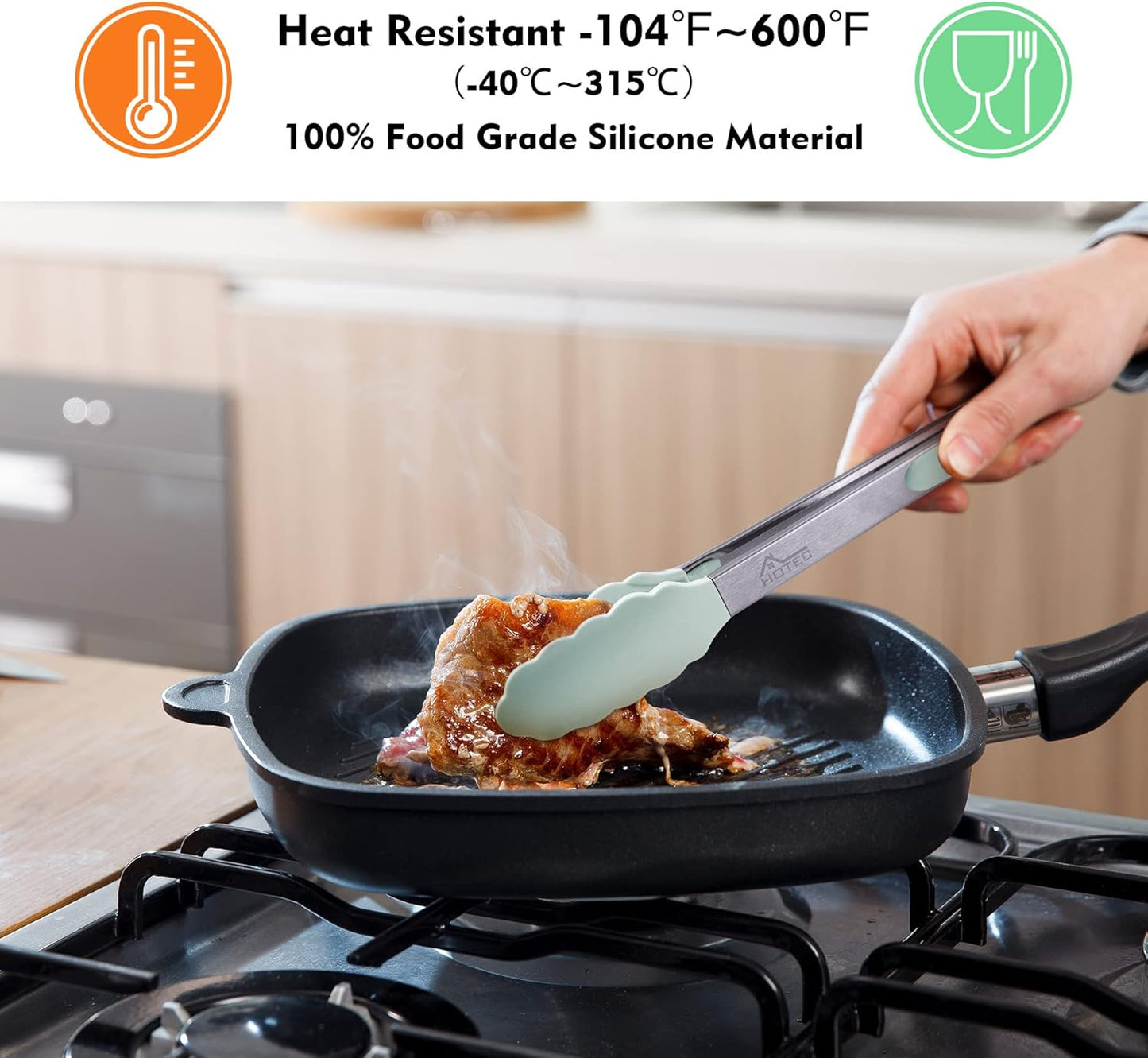 Hotec Premium Stainless Steel Locking Kitchen Tongs with Silicon Tips, Set of 2-9" and 12" Light Green