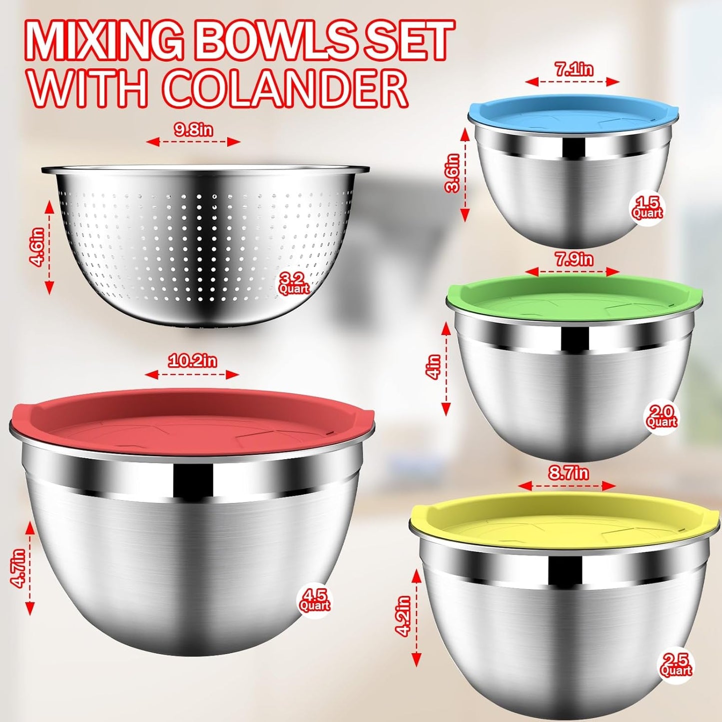 Mixing Bowls with Strainer, Mixing Bowl with Lids Set, Stainless Steel Mixing Bowls, Kitchen Gadgets 2025 Salad Bowls with Strainer for Mixing & Preping & Baking, Multicolor