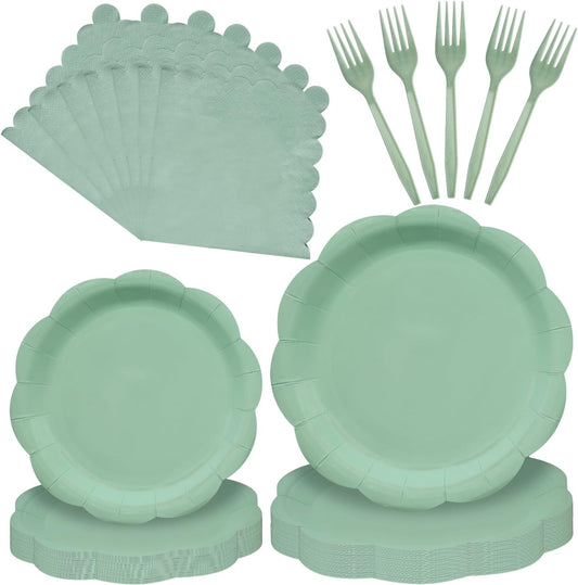 96 Pieces Sage Green Scalloped Tableware Set Party Supplies – Solid Color Disposable Dinnerware with Paper Plates, Napkins, and Forks for Birthday Parties, Garden Events, Baby Showers – Serves 24