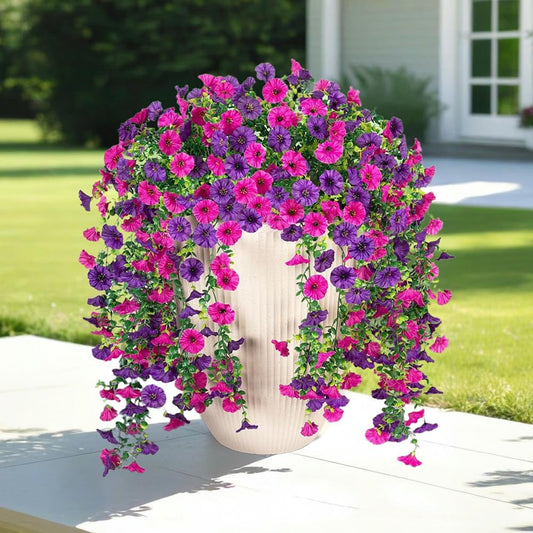 Jasion 4 Bundles Artificial Hanging Flowers Outdoor Realistic Morning Glory Silk Fake Plants UV Resistant for Porch Balcony Fence Decor (Purple&Rose Pink)