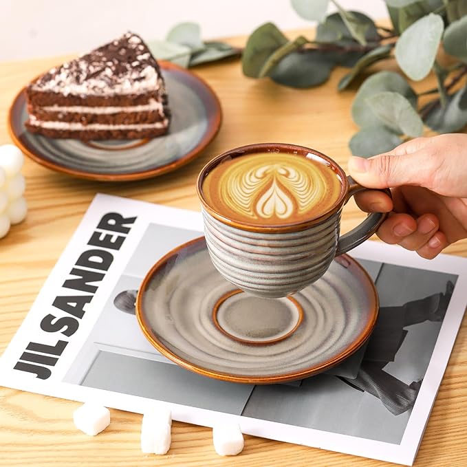 Hasense Ceramic Tea Cups and Saucers, 8oz Cappuccino Cups Set of 4, Espresso Coffee Mugs for Home and Office, Perfect for Coffee, Cappuccino, Latte, Americano, Milk and Tea - Grey Brown