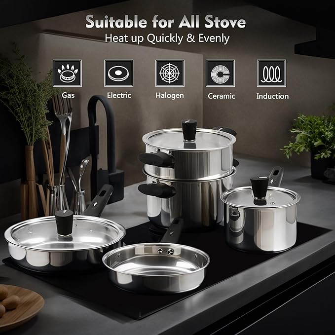 14-Piece Stainless Steel Pots and Pans Set, Cookware Set with Stay-Cool Handle, kitchen Cooking Pots and Pans Compatible with All Stovetops (Gas, Electric & Induction), Dishwasher Safe